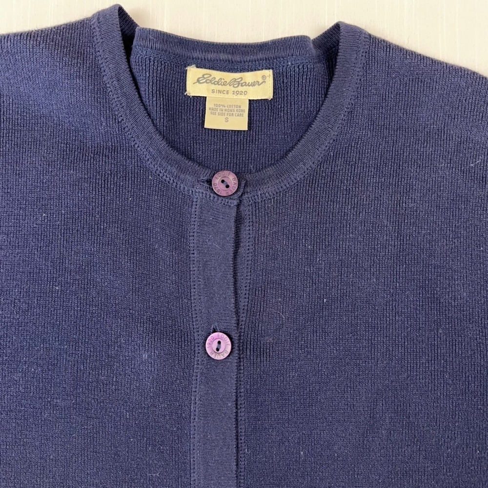 Vtg‎ Eddie Bauer Y2K Navy Blue 100% Cotton Button Front Cardigan Sweater Small - Picture 2 of 6